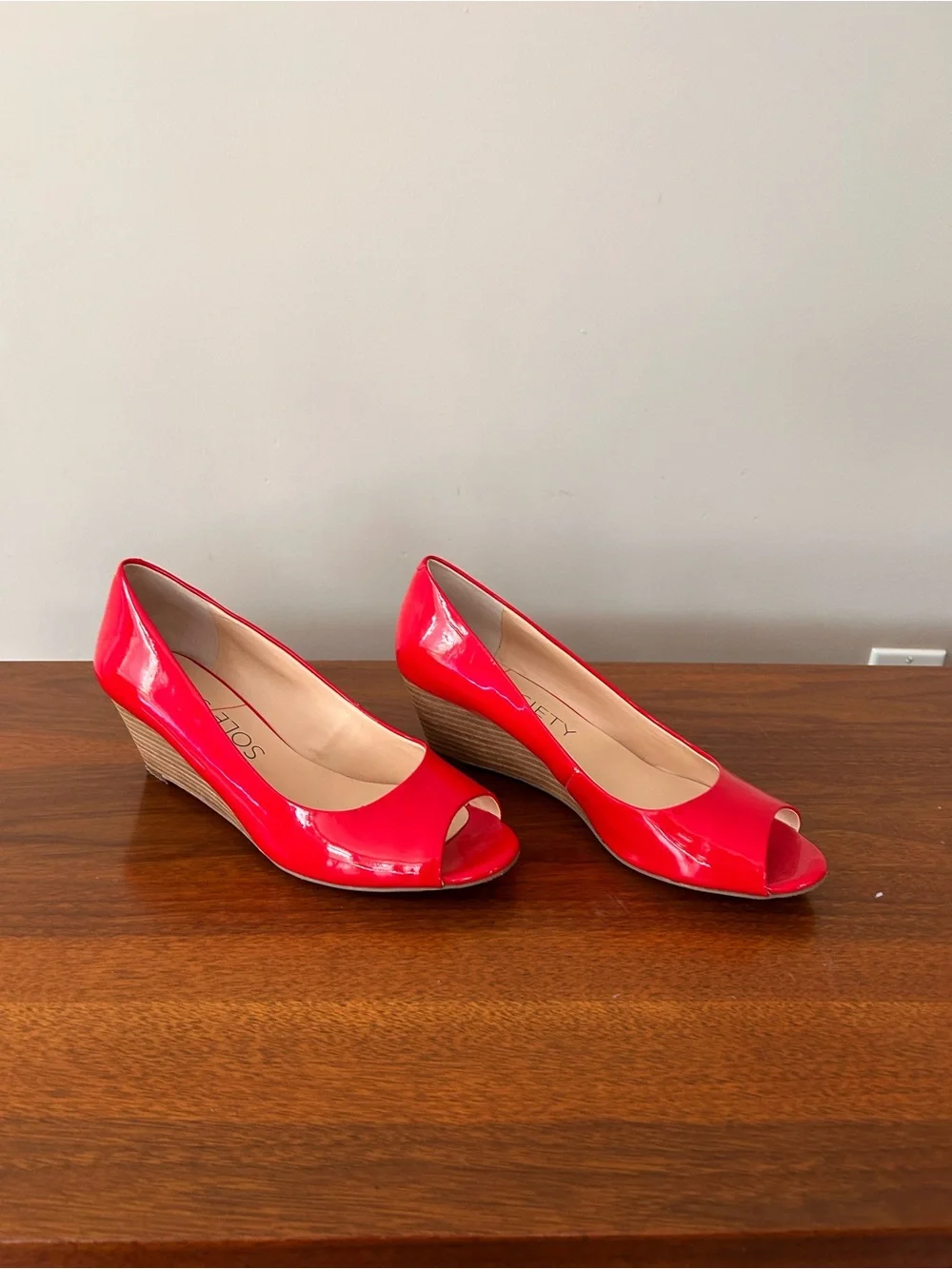 Sole Society Red Patent Peep-Toe Wedge Pumps